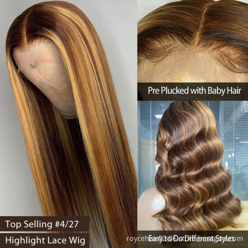 Pre-plucked Highlighted Brown Honey Blonde Piano Color 4x4 Swiss Lace Closure Mink Cuticle Aligned Virgin Human Hair Wigs